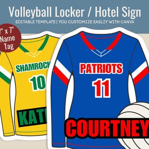 Volleyball Jersey Locker decoration name tag, Travel Hotel door sign, Volleyball printable game day sign, Customize Canva Template VBN010