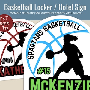 Girls Basketball Hotel door sign, Locker decoration name tag, Travel Team pride sign, Basketball cutout, Customize Canva Template BKN015