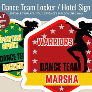 Girls Dance Team Hotel door sign, Club Dancer competition name tag, Dance team travel cutout pride sign, Customize Canva Template DTN004