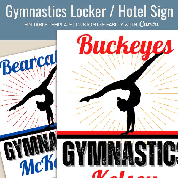Gymnastics Hotel door sign tag, Locker decoration sign, Gymnastics Club spirit poster, Travel pride Name tag, Editable Canva Template GMC002
