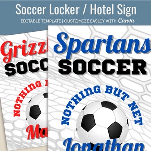 Soccer locker decoration, Locker sign tag, Hotel door sign, Pep Rally poster, Team spirit sign, Travel pride sign, Canva Template SCC004