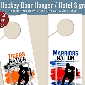 Hockey Hotel door hanger sign, Locker room decoration name tag, Club Hockey Team Travel sign, Printable Customize Canva Template HKDH003