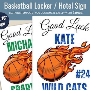 Good Luck Basketball locker sign, Varsity Basketball Hotel door sign tag, Basketball Tournament sign, Customize Canva Template BKB024