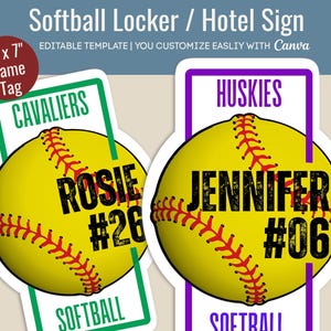 Softball Hotel door sign, Locker decoration name tag, Softball printable sign, Softball game day sign, Customize Canva Template SFN006