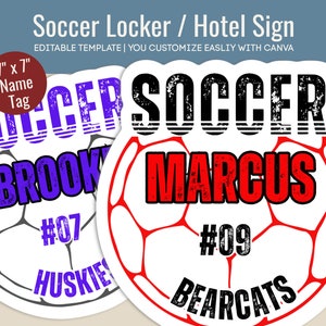 Soccer Hotel door name tag, Locker room decoration sign, Soccer printable sign, Soccer game day sign, Customize Canva Template SCN007