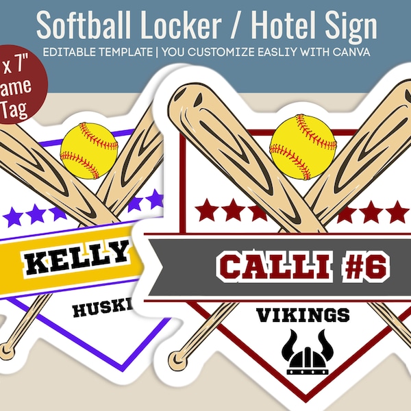 Softball Hotel door sign, Locker decoration name tag, Softball printable sign, Softball game day sign, Customize Canva Template SFN007