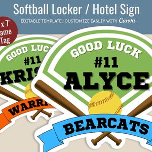 Good Luck Softball Hotel door sign, Locker decoration name tag, Softball player tournament cutout sign, Customize Canva Template SFN004