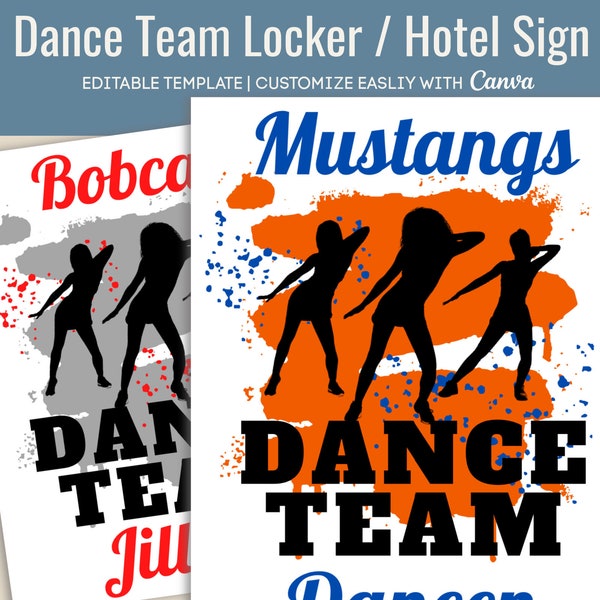 Dance Team Hotel door sign tag, Locker decoration, Dance squad spirit poster, Travel pride Name tag sign, Personalize Canva Template DCT004