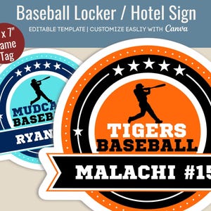 Baseball Hotel door hanger, Locker room poster, Locker decoration name tag, Sport team travel pride sign, Customize Canva Template BSN005