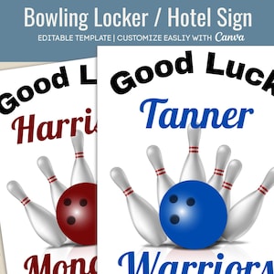 Good Luck Bowling Schließfachdekoration, Schließfachschild, Team Hotelschild Aufhänger, Teamgeist Reiseschild, Personalisieren Canva Vorlage BHL002