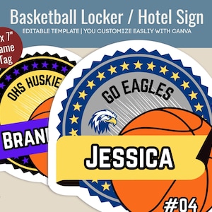 Personalize Basketball travel team Hotel door pride name tag sign, Locker room decoration player sign, Customize Canva Template BKN004