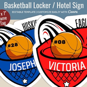 Basketball Hotel door sign, Locker room decoration name tag, Team travel pride sign, Boys Girls Basketball, Customize Canva Template BKN008