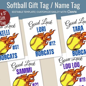 Good Luck Softball Name Gift Tag, Softball game day goodie bag name tag, Travel game treat gift labels, Customize Canva Template BKGT002