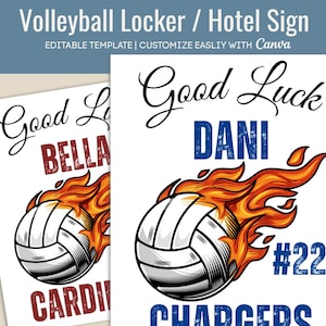 Good Luck Volleyball Locker decoration Sign, Tournament Hotel door sign, Travel pride name tag sign, Customize Canva Template VLB022