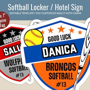Good Luck Softball Hotel door sign, Locker decoration name tag, Softball printable game day cutout sign, Customize Canva Template SFN013