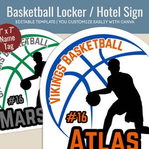 Boys Basketball Hotel door sign, Locker decoration name tag, Travel Team pride sign, Basketball cutout, Customize Canva Template BKN016