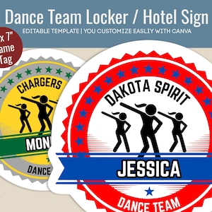 Dance Team Hotel door cutout sign, Dancer Locker decoration name tag, Club Dance team travel pride sign, Customize Canva Template DTN003