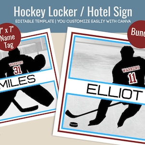 Hockey Bundle Locker decoration name tag, Club Hockey team and goalie travel cutout sign, Printable Sign, Customize Canva Template HKN008