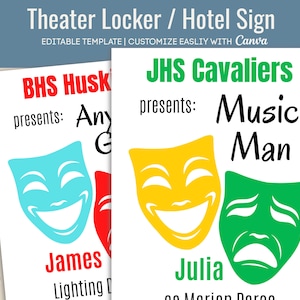 Theater Locker Sign, Theater name tag, Play Locker decoration, Thespian Travel Hotel door tournament sign, Customize Canva Template THR002