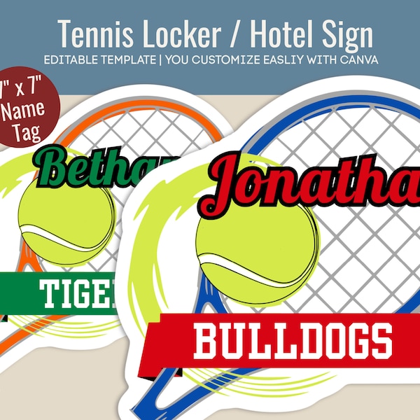 Tennis Locker decoration name tag, Hotel door sign, Tennis travel Club Team pride sign, Tennis Game Day, Customize Canva Template TSN003