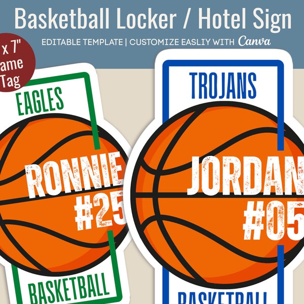 Basketball Hotel door sign, Locker decoration name tag, Sport team travel pride sign, Pep Rally Sign, Customize Canva Template BKN005