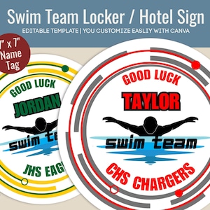 Swim Team Hotel door hanger, Swimmer&#39;s name tag, Locker decoration sign, Swim team cutout travel pride sign, Customize Canva Template SWN001