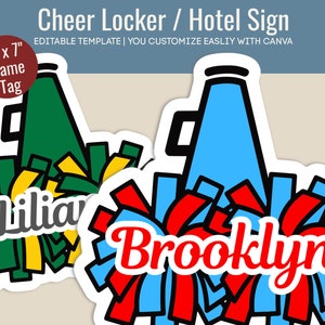 Cheer locker decoration name tag, Cheerleader name tag, Cheer competition hotel door sign, Cheer printable, Customize Canva Template CHN005