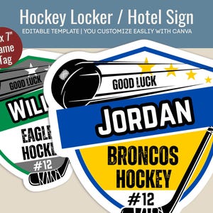 Hockey Hotel door sign, Locker room decoration name tag, Club Hockey team travel game day cutout sign, Customize Canva Template HKN012