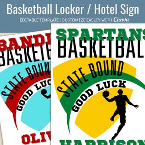 Good Luck Boys Basketball Hotel door sign, State Tournament Basketball Varsity Locker Name tag, Locker sign, Customize Canva Template BKB019