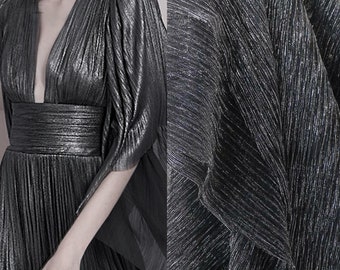 Silver Black Pleated Stripe Gauze Fabric,Dress Fabric,Fashion Clothing Fabric,Creative Crimping Handmade Designer Fabric