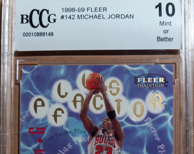 Michael Jordan 1998 Fleer #142 Plus Factor Chicago Bulls Graded Beckett BCCG 10 GEM Mint Or Better - G.O.A.T. - Low Low Pop