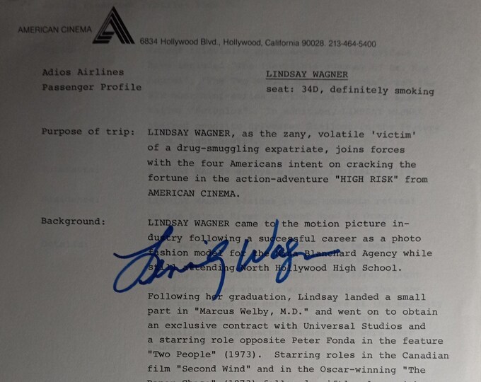 Lindsay Wagner Authentic Signed Vintage Press Release Booklet W/ Lighthouse COA - "High Risk" - 1981