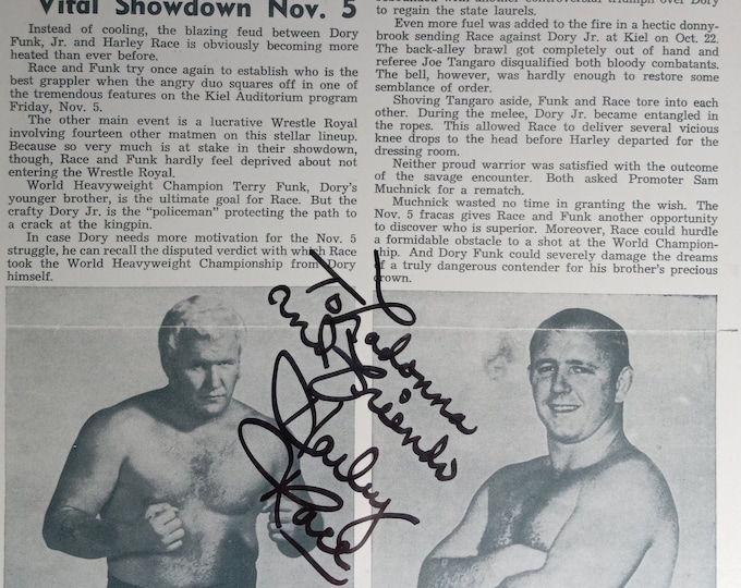 Harley Race Authentic Signed Wrestling Page Display W/ Inscription
