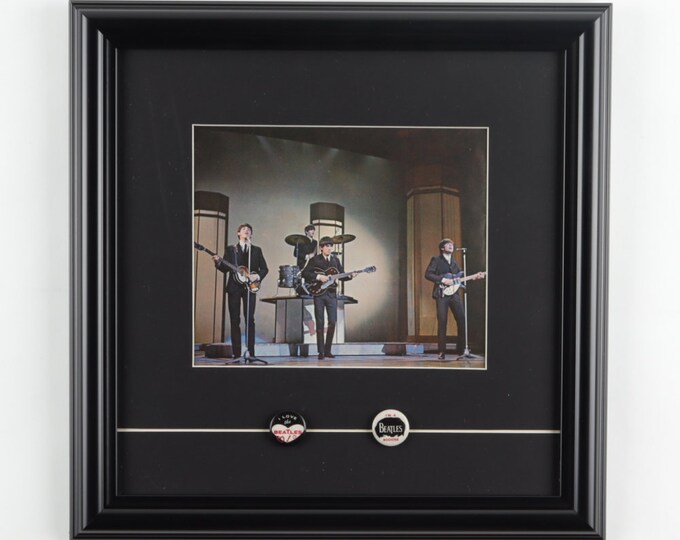 Custom Framed 14" x 14" Photo Of The Beatles. The Display Also Features (2) Of "The Beatles" Fan Club Pins