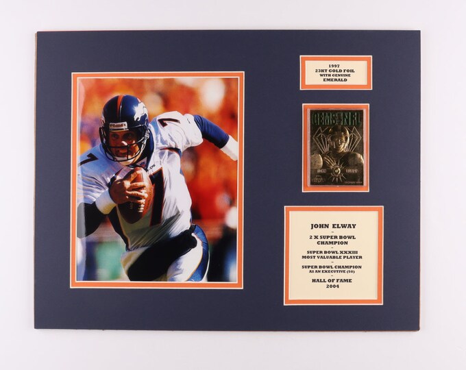 John Elway Broncos 14x18 Custom Matted 1997 Pro Line Gems of the NFL 23Kt Gold Card with Genuine Emerald #G16