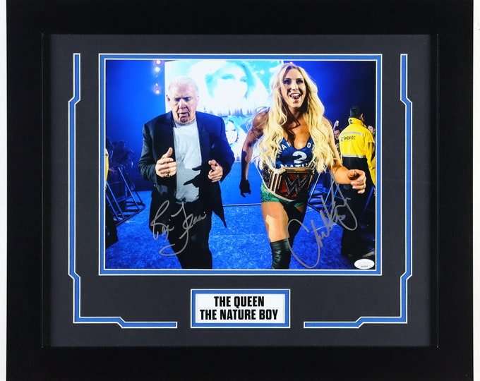 Ric Flair & Charlotte Flair Dual Signed Custom Framed 19"x23" Display W/ JSA Authentication - WWE - Woooo - The Goat's - Natureboy + Queen