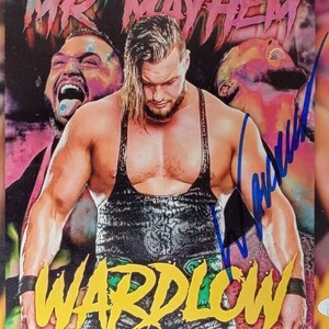 May include: A wrestler in a black and green wrestling outfit with the text "WARDLOW" in yellow and the text "MR. MAYHEM" in pink. The wrestler is holding his arms out and has a serious expression on his face. The wrestler's signature is in blue ink.