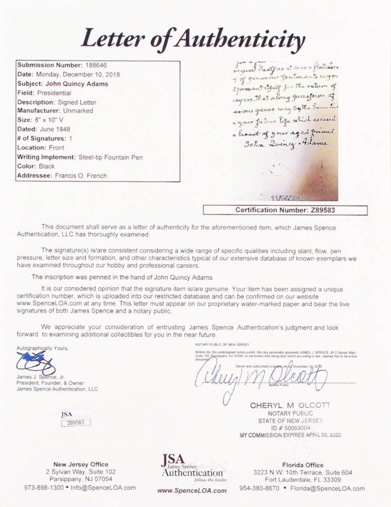 Jsa Authentication Letters John Quincy Adams 18x22 Custom Framed Display With (1) Hand-written ...