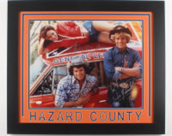 John Schneider, Tom Wopat & Catherine Bach 3X Signed "Dukes of Hazzard" 23.5x27.5 Custom Framed Photo with (5) Inscriptions (JSA Hologram)