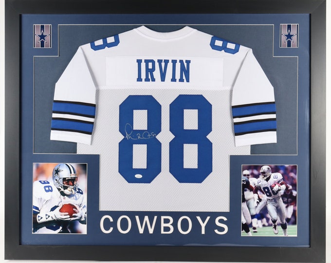 Michael "Playmaker" Irvin Authentic Signed 35x43 Custom Framed Jersey Display With Beckett COA - Dallas Cowboys #88