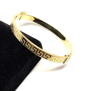 14K Solid Gold, Greek Key Bangle, Love Bracelet, Italian Bracelet, Unisex, Patterned, Meander Bracelet, Ancient Greek Jewelry Birthday Women