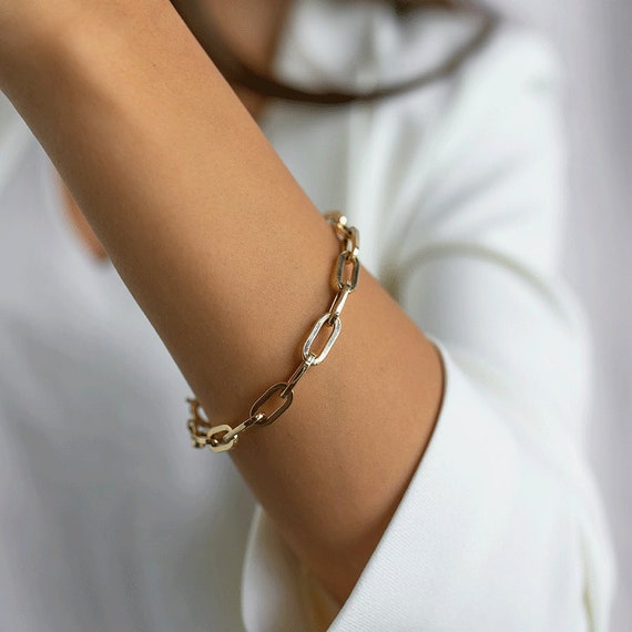 22K Solid Gold Paperclip Bracelet Chunky Elongated Link Etsy