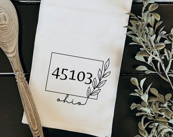any state-zip code and town name personalized home tea towel