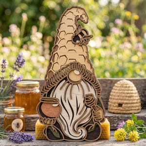 May include: A layered wooden gnome cutout featuring a tall hat with a honeycomb pattern and a bee accent. The gnome has a large beard, a round nose, and holds a small honey pot and a honey dipper. The design uses light and dark wood tones.