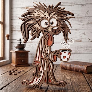 May include: A layered wooden cutout of a cartoon creature with wild hair, wearing a striped robe and holding a white mug with red polka dots. The creature has large eyes, a long tongue, and a dark brown finish with light wood accents.