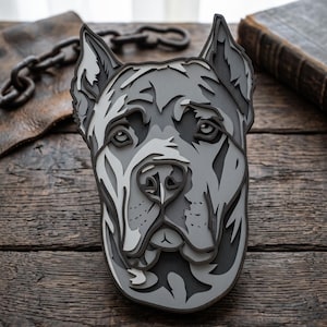 Könnte beinhalten: Ein mehrschichtiges Wandkunstobjekt aus Holz, das den Kopf eines Cane Corso Hundes darstellt. Das Design besteht aus gestapelten Ausschnitten in verschiedenen Grau-, Anthrazit- und Weißtönen, die einen dreidimensionalen Effekt erzeugen.