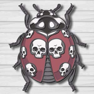 May include: A layered wall art piece shaped like a beetle with a dark red body and black accents. The design features white skull motifs integrated into the wing covers and head, with six segmented legs extending from the sides of the insect body.