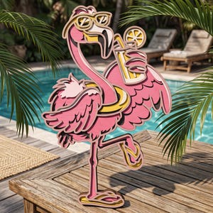 Puede incluir: Un recorte de madera en capas de un flamenco rosa con gafas de sol amarillas y un flotador amarillo. El flamenco sostiene una bebida amarilla con una rodaja de limón y lleva chanclas amarillas en los pies, con un diseño multidimensional.