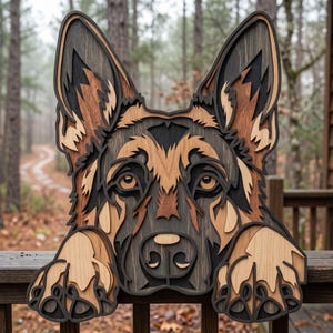 May include: A multi-layered wooden wall art piece shaped like a German Shepherd dog head with two front paws resting below. The design features intricate cutouts in shades of dark brown, light tan, and black, creating a dimensional effect.