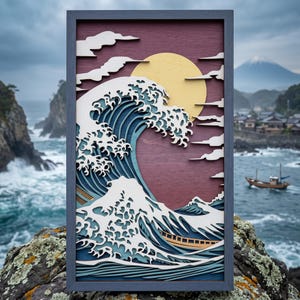 May include: A rectangular framed wall art piece featuring a multi-layered wooden relief of a large ocean wave in shades of blue and white, set against a deep purple background with a large yellow sun and stylized white clouds in the sky.